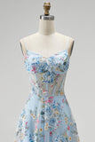 Blue A-Line Corset Sheer Floral Embroidery Spaghetti Straps Long Prom Dress