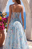 Blue A-Line Corset Sheer Floral Embroidery Spaghetti Straps Long Prom Dress