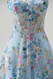 Blue A-Line Corset Sheer Floral Embroidery Spaghetti Straps Long Prom Dress