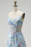 Blue A-Line Corset Sheer Floral Embroidery Spaghetti Straps Long Prom Dress