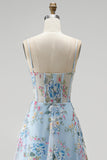 Blue A-Line Corset Sheer Floral Embroidery Spaghetti Straps Long Prom Dress