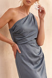 Sage Green Satin Sheath One Shoulder Ruched Midi Wedding Guest Dress