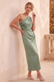Sage Green Satin Sheath One Shoulder Ruched Midi Wedding Guest Dress