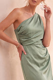 Sage Green Satin Sheath One Shoulder Ruched Midi Wedding Guest Dress
