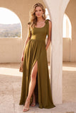 Olive A-Line Scoop Neck Long Wedding Guest Dress with Slit