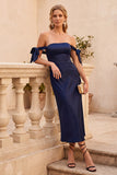 Navy Satin Off the Shoulder Sheath Midi Wedding Guest Dress