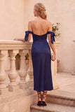 Navy Satin Off the Shoulder Sheath Midi Wedding Guest Dress