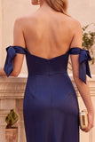 Navy Satin Off the Shoulder Sheath Midi Wedding Guest Dress