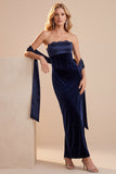 Navy Corset Velvet Sheath Strapless Maxi Wedding Guest Dress with Lace
