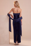 Navy Corset Velvet Sheath Strapless Maxi Wedding Guest Dress with Lace
