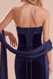 Navy Corset Velvet Sheath Strapless Maxi Wedding Guest Dress with Lace