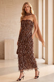 Coffee Sheath Sequins Fringed Strapless Midi Wedding Guest Dress with Chiffon Sash