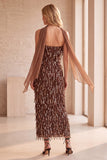 Coffee Sheath Sequins Fringed Strapless Midi Wedding Guest Dress with Chiffon Sash