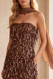 Coffee Sheath Sequins Fringed Strapless Midi Wedding Guest Dress with Chiffon Sash