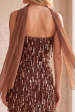 Coffee Sheath Sequins Fringed Strapless Midi Wedding Guest Dress with Chiffon Sash