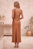 Burnt Orange Cowl Neck Satin Sheath Maxi Wedding Guest Dress with Lace