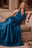 Peacock Blue A-Line Halter Satin Pleated Long Wedding Guest Dress with Lace