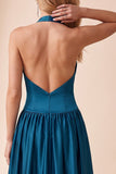 Peacock Blue A-Line Halter Satin Pleated Long Wedding Guest Dress with Lace