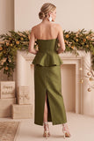 Olive Sheath Peplum Satin Strapless Long Wedding Guest Dress with Beading