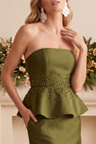 Olive Sheath Peplum Satin Strapless Long Wedding Guest Dress with Beading