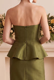 Olive Sheath Peplum Satin Strapless Long Wedding Guest Dress with Beading