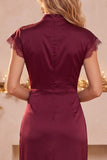 Burgundy Sheath High Neck Cap Sleeves Ruched Long Wedding Guest Dress with Lace Slit
