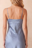 Dusty Blue Sheath Satin Spaghetti Straps Long Wedding Guest Dress with Lace