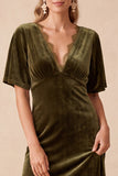 Olive Velvet A-Line V-Neck Short Sleeves Maxi Wedding Guest Dress with Lace