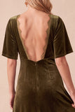Olive Velvet A-Line V-Neck Short Sleeves Maxi Wedding Guest Dress with Lace