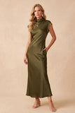 Olive Satin Sheath High Neck Cut Out Long Wedding Guest Dress with Lace