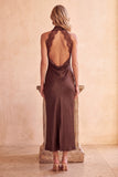 Coffee Sheath Satin High Neck Cut Out Long Wedding Guest Dress with Lace