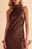 Coffee Sheath Satin High Neck Cut Out Long Wedding Guest Dress with Lace
