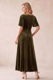 Olive A-Line V-Neck Velvet Flutter Sleeves Maxi Wedding Guest Dress with Lace