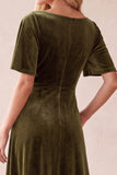 Olive A-Line V-Neck Velvet Flutter Sleeves Maxi Wedding Guest Dress with Lace