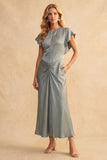 Dusty Blue Sheath Flutter Sleeves Ruched Satin Midi Wedding Guest Dress with Pockets