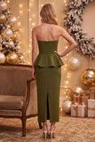 Olive Sheath Strapless Beaded Peplum Midi Wedding Guest Dress with Slit
