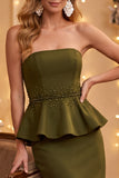 Olive Sheath Strapless Beaded Peplum Midi Wedding Guest Dress with Slit