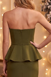 Olive Sheath Strapless Beaded Peplum Midi Wedding Guest Dress with Slit