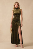 Olive Sheath High Neck Ruched Velvet Maxi Wedding Guest Dress with Lace
