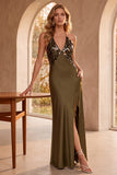 Olive Sheath V-Neck Satin Spaghetti Straps Backless Long Wedding Guest Dress with Sequins