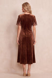Coffee Velvet Round Neck Sheath Lace Short Sleeves Midi Dress