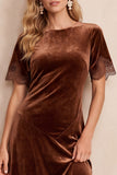 Coffee Velvet Round Neck Sheath Lace Short Sleeves Midi Dress