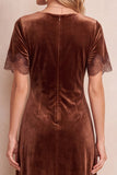 Coffee Velvet Round Neck Sheath Lace Short Sleeves Midi Dress