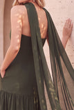 Olive Fit & Flare Strapless Beaded Chiffon Pleated Midi Wedding Guest Dress with Cape