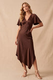 Coffee Satin A-Line V-Neck High Low Lace Ruched Midi Wedding Guest Dress with Flutter Sleeves