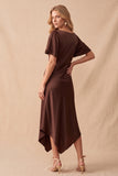 Coffee Satin A-Line V-Neck High Low Lace Ruched Midi Wedding Guest Dress with Flutter Sleeves
