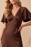 Coffee Satin A-Line V-Neck High Low Lace Ruched Midi Wedding Guest Dress with Flutter Sleeves