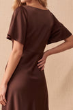 Coffee Satin A-Line V-Neck High Low Lace Ruched Midi Wedding Guest Dress with Flutter Sleeves