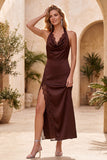 Cabernet Halter Satin Sheath Midi Wedding Guest Dress with Lace Slit