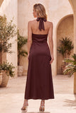 Cabernet Halter Satin Sheath Midi Wedding Guest Dress with Lace Slit